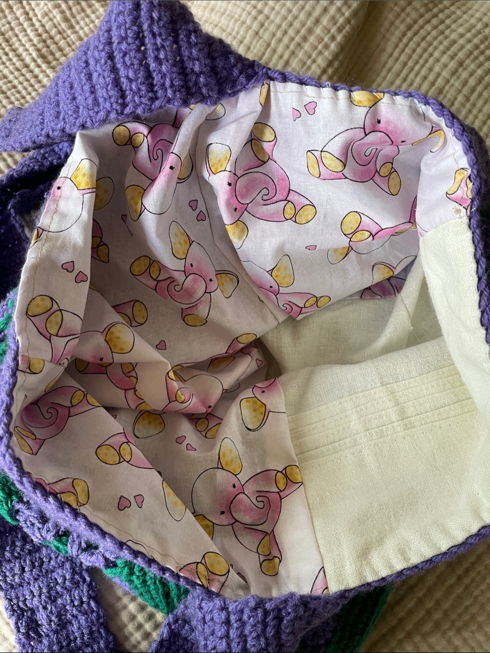 Handmade Purple Crocheted Crossbody Bag with Pink Elephant Lining - Picture 6 of 6